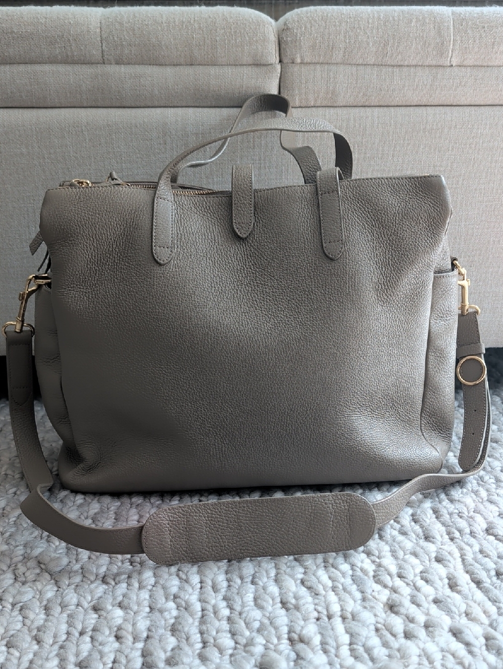 Cuyana Taupe Leather Triple Zipper Weekender